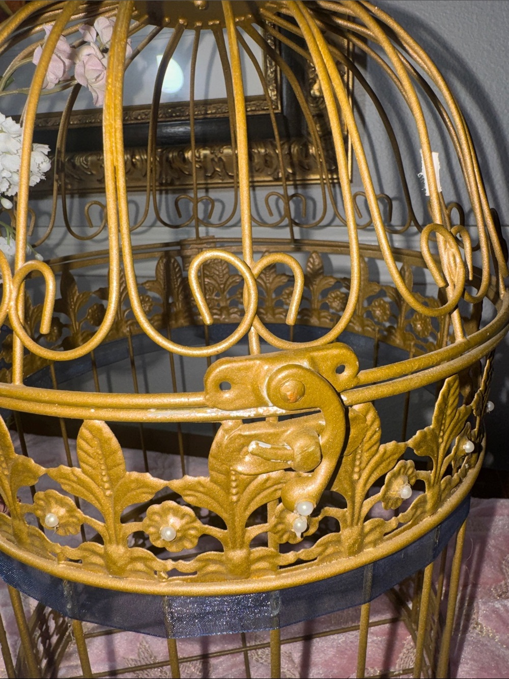 Ornate Gold Decorative Birdcage with Blue Ribbon Accent - Picture 4 of 5